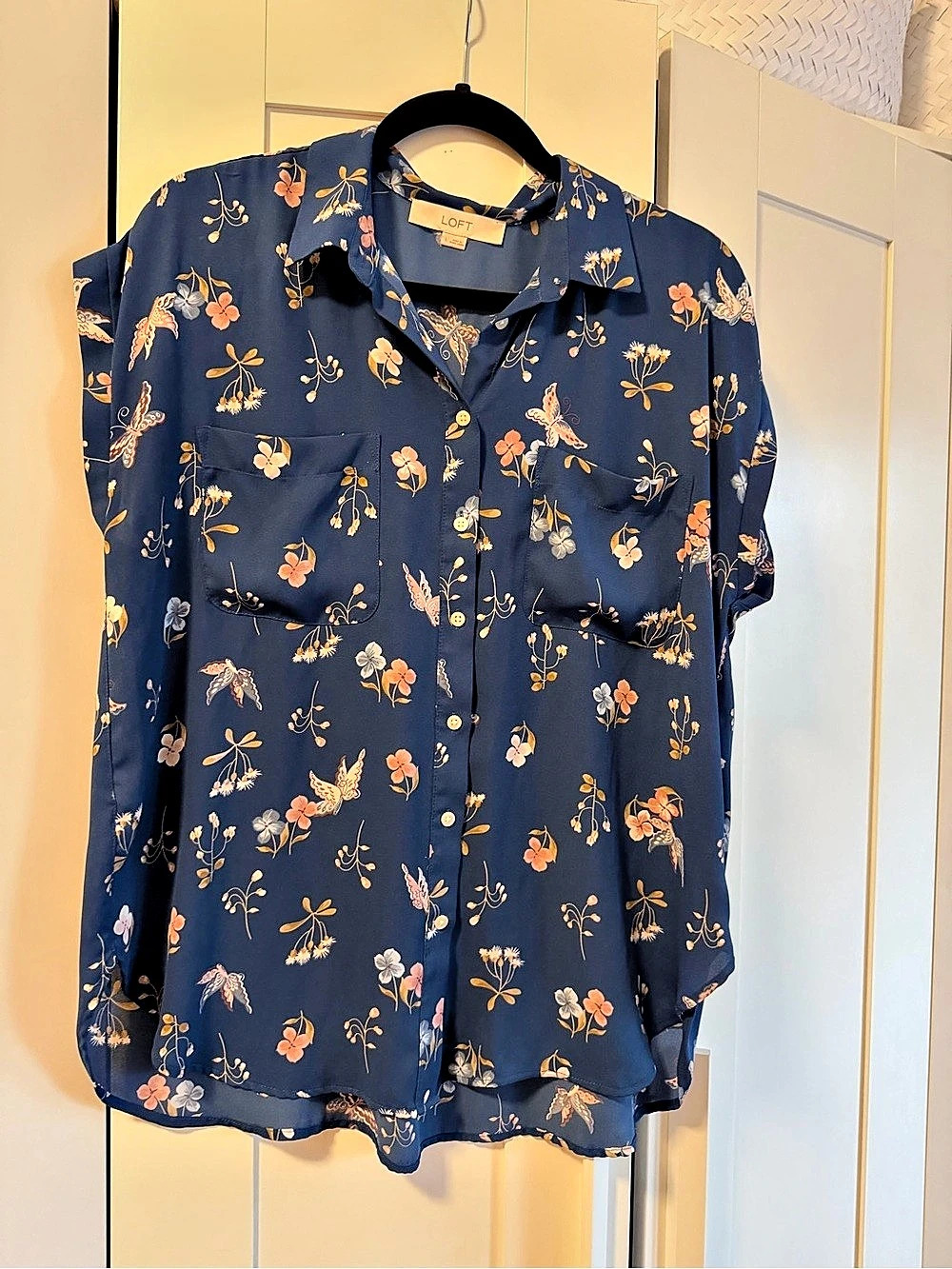 LOFT Floral Button Down Shirt Blue & Orange Size Large Like New